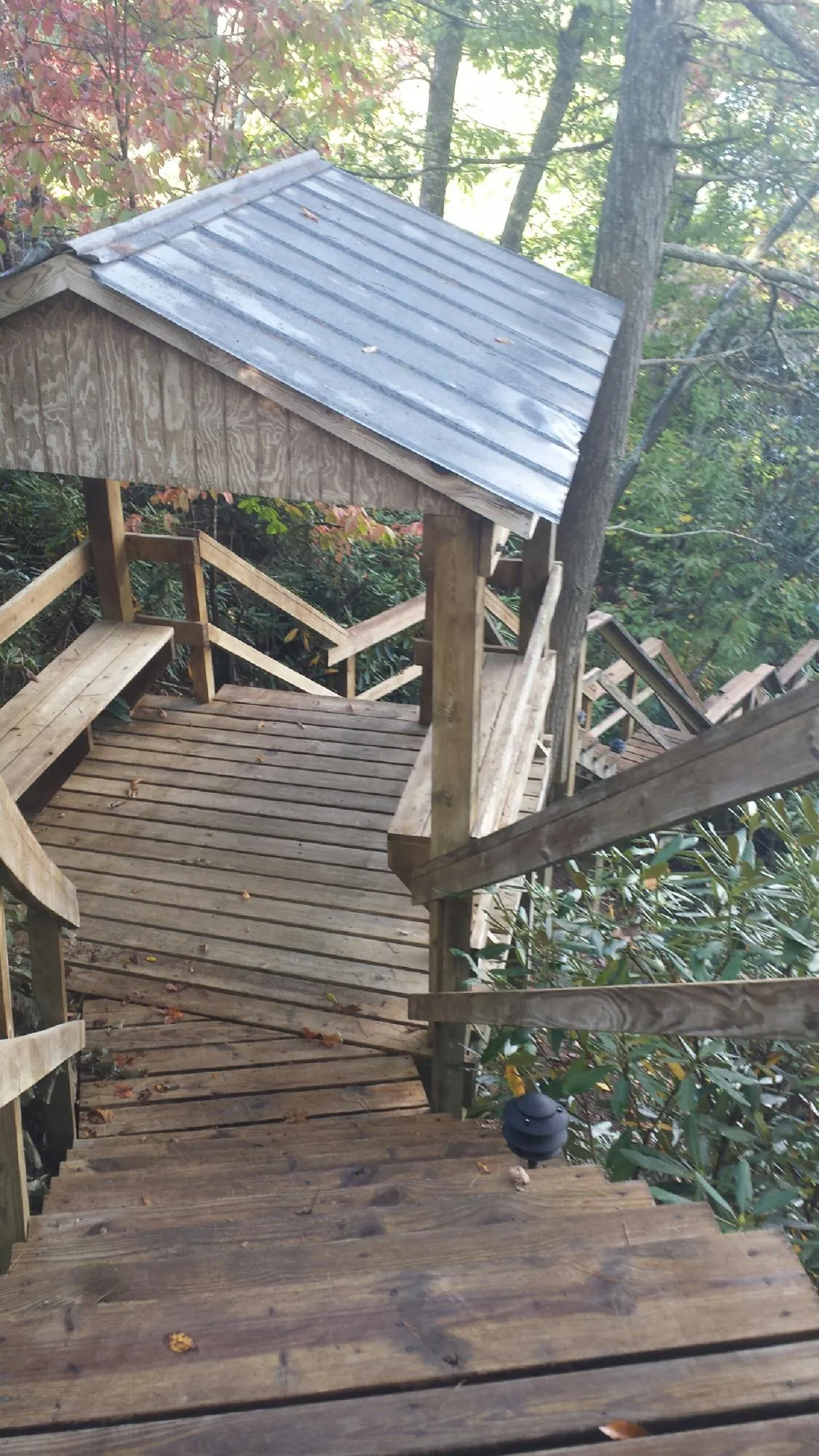 Metal roofed shelter over wooden steps on a wooded walkway — Skylight Repair & Installation work by our crew in Pine Mountain